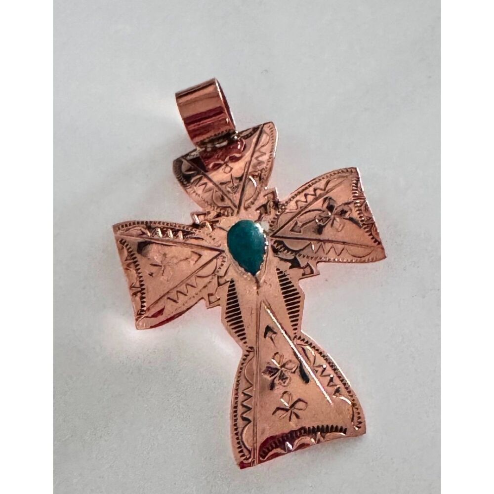 RUNNING BEAR Copper & Turquoise Cross Pendant on DTR Jay King Copper Torque